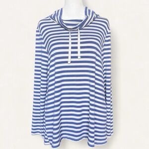JW Style Women's M Top Blue & White Stripes Cowl Neck Nautical Casual Coastal